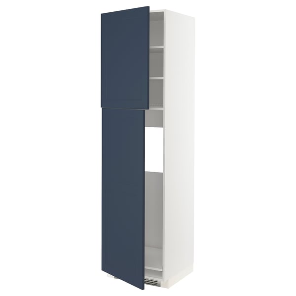 Ikea vitt högt köksskåp, blå dörrar, modern design.