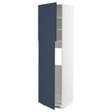 Ikea vitt högt köksskåp, blå dörrar, modern design.