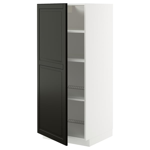Modernt vitt skåp med svarta dörrar, justerbara hyllor, snygg design.