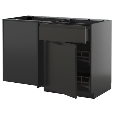 Modern svart köksmöbel med öppna lådor och hyllor, en del av ikeas METOD-serie, snygg och funktionell design.