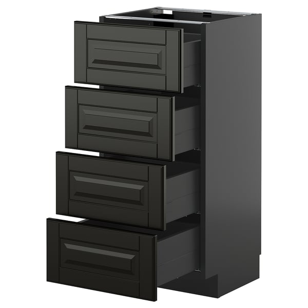 Svarta METOD kökslådor, modern design, fyra utdragbara lådor med fasade kanter.