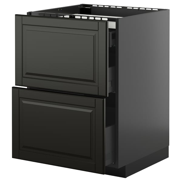 Svart METOD köksskåp, blank yta, med två fullt utdragbara lådor, modern design.