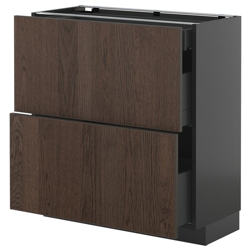 Modernt mörkbrunt köksskåp med trästruktur och två lådor, med eleganta handtag och en robust design.
