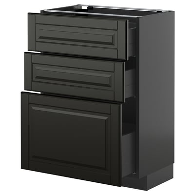 METOD köksdel i svart med 3 lådor och en lucka, elegant modern design.