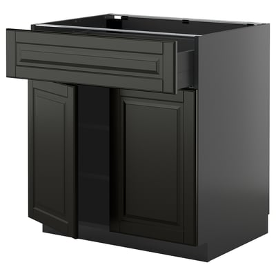Svart METOD köksbänk med låda och två luckor, mörk modern design.