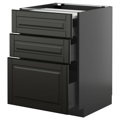 Svart modern köksmöbel, elegant design med flera lådor och ett skåp, en del av METOD-systemet.