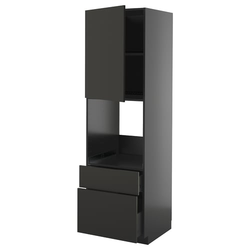 Bilden visar en hög svart ikea METOD köksmöbel med lådor och hyllor.