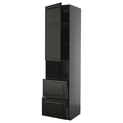 Svart METOD köksskåp, högt och smalt med hyllor, lådor och dörrar, modern design.