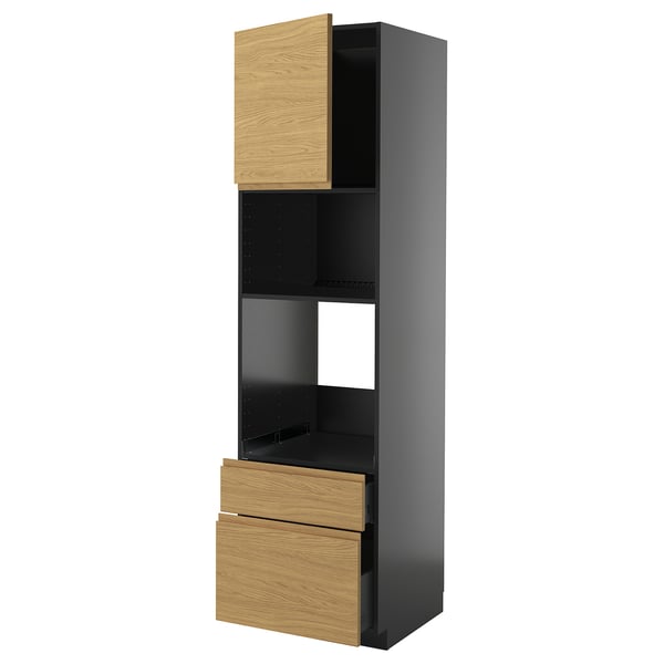 Modern högskåpsmöbel, svart med lådor i ek. Minimalistisk stil för kök, förmonterade, hållbara material.