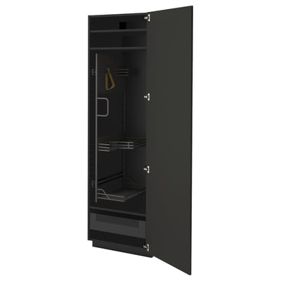 Svart köksskåp, METOD-serien, modern design, öppen dörr med hyllor och låda, elegant och funktionell.