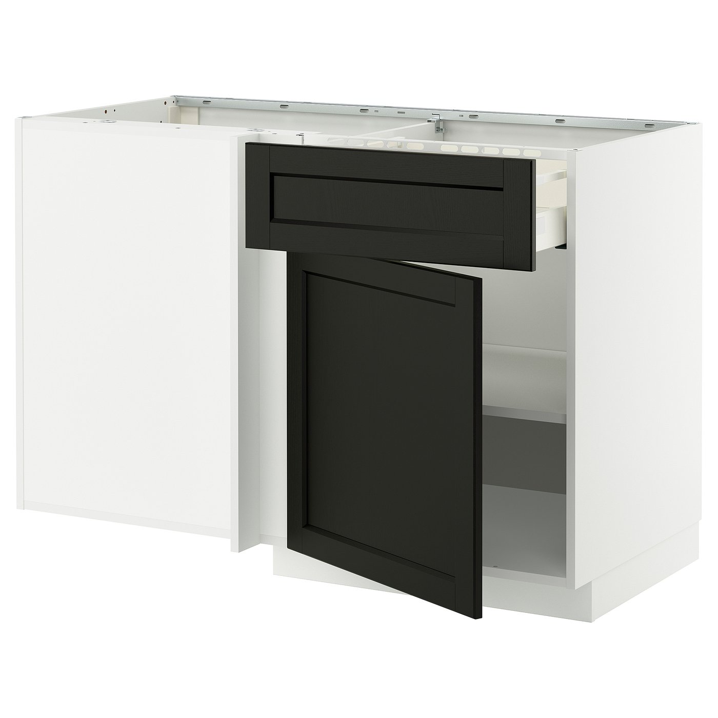 IKEA METOD / MAXIMERA bänkhörnskåp med låda och hyllplan, vit/lerhyttan svartlaserad, 128x68 cm