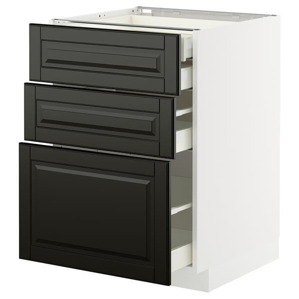 Modernt svart köksskåp med tre lådor, elegant design, smidiga lådor.