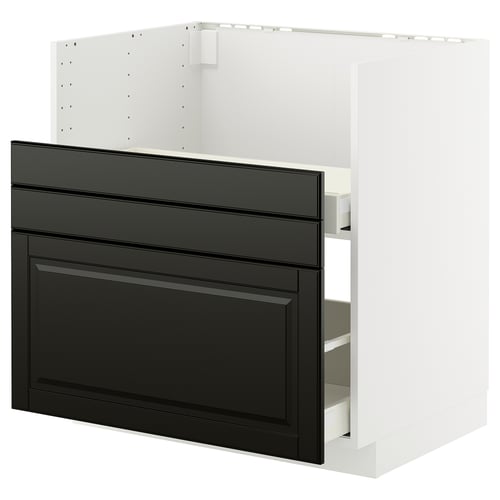 Svart modernt köksskåp, elegant design, vit inredning, glidande lådor.