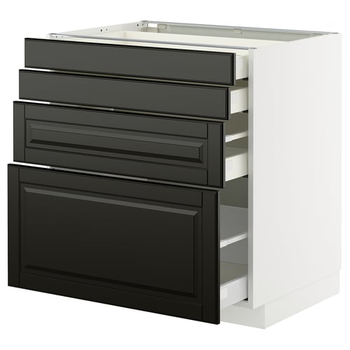 Modern köksenhet, svarta lådor med fasade kanter, vit bas, elegant, platt design, slät finish.