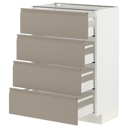 Moderna gråbeige kökslådor med stilren design och integrerat handtag.