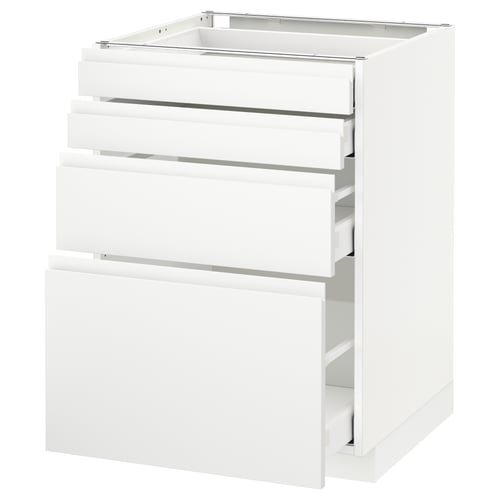 Vitt modernt köksskåp med minimalistisk design, med tre utdragbara lådor och eleganta, integrerade handtag.