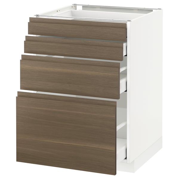 METOD / MAXIMERA Bänksk m 4 fronter/4 lådor, vit/Voxtorp valnöt, 60x60 cm