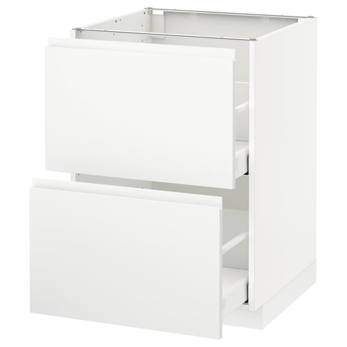 Ett vitt METOD köksskåp med två lådor. Den är modern och minimalistisk med integrerade handtag och en slät finish.