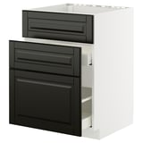 Modernt köksskåp, vitt med svarta lådor, snygga fasade kanter, robust lådform, designad av ikea.