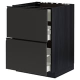Modernt svart köksskåp med två utdragbara lådor, stilren design och metallhandtag.