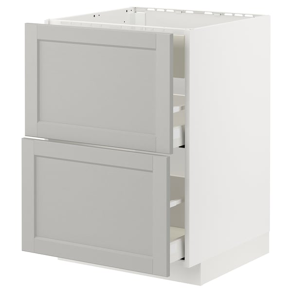 Vitt ikea METOD köksskåp med ljusgrå lådor och släta kanter.