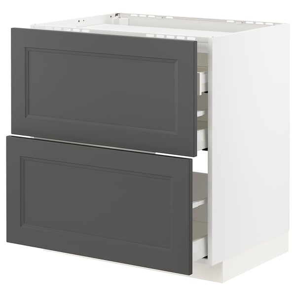 Modernt mörkgrått köksskåp med två lådor, eleganta, plana ytor och metallskenor. Ingår i ikeas METOD-system.