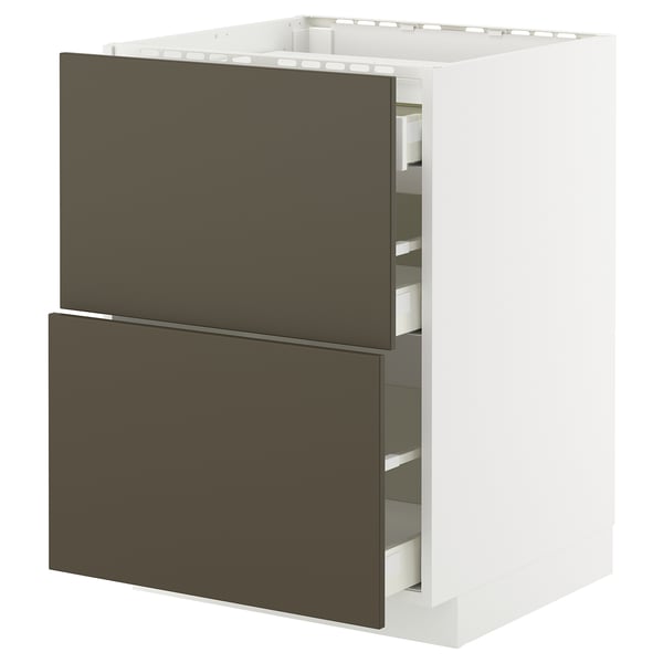 METOD / MAXIMERA Bänkskåp för häll/2 frntr/3 lådor - vit/Havstorp brun-beige 60x60 cm
