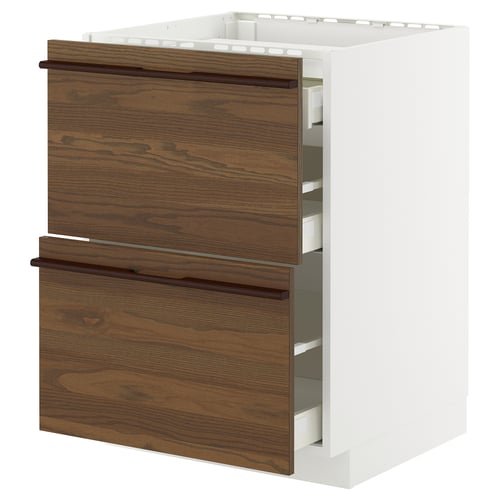Ett ikea METOD köksskåp med två trälådor i mörkbrun finish. Skåpet är vitt och stilrent med trähandtag.
