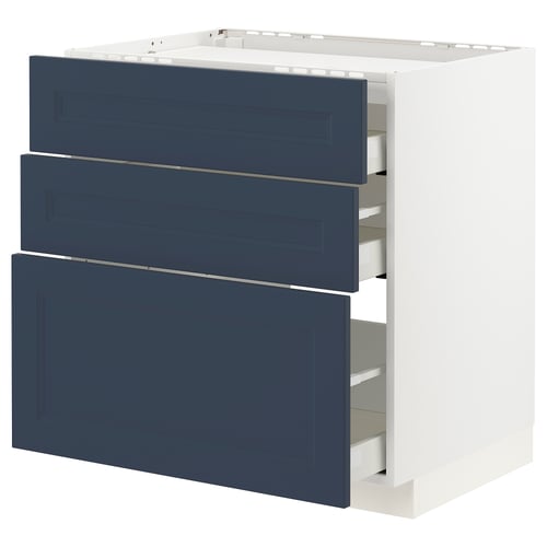 Ikea METOD köksmöbel med 3 blå lådor och vit ram.