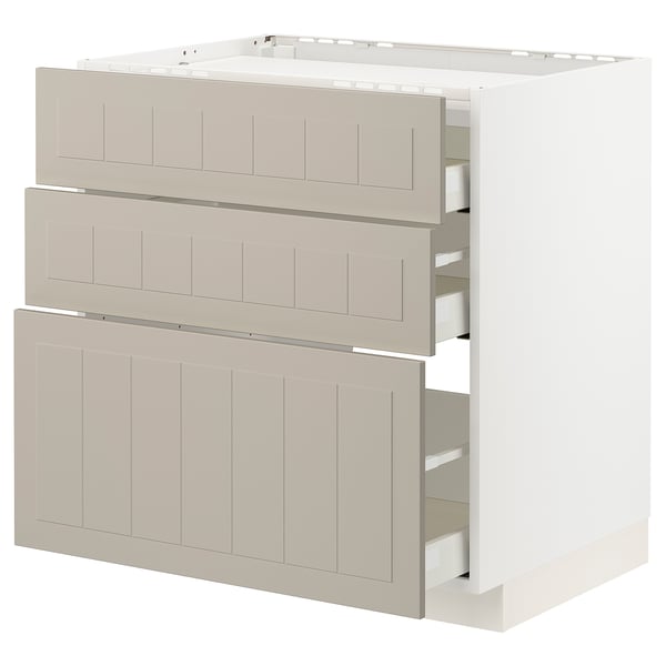 METOD / MAXIMERA Bänkskåp för häll/3 frntr/3 lådor - vit/Stensund beige 80x60 cm