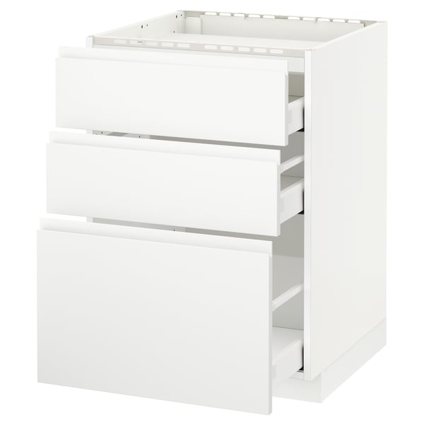 METOD / MAXIMERA Bänkskåp för häll/3 frntr/3 lådor - vit/Voxtorp matt vit 60x60 cm
