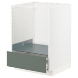 En IKEA METOD köksmöbel i vitt med en grågrön låda. Det är ett modulärt system med en stark ram och en självstängande låda.