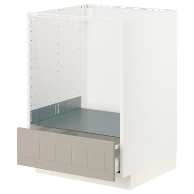 Modern köksmöbel med vitt skåp, beige låda.