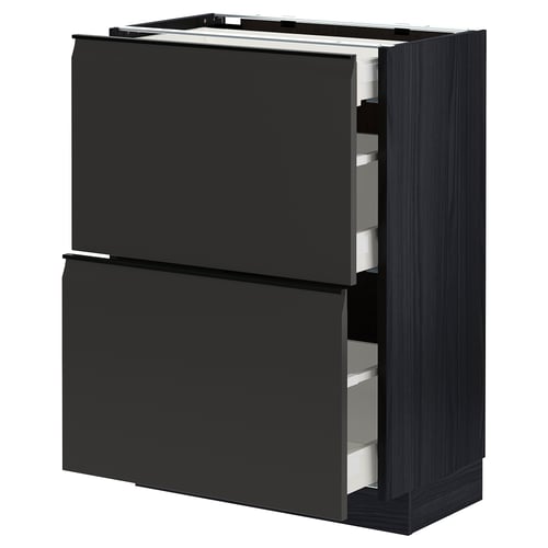 Modern svart köksmöbel med två stora lådor, snygga handtag och minimalistisk design.