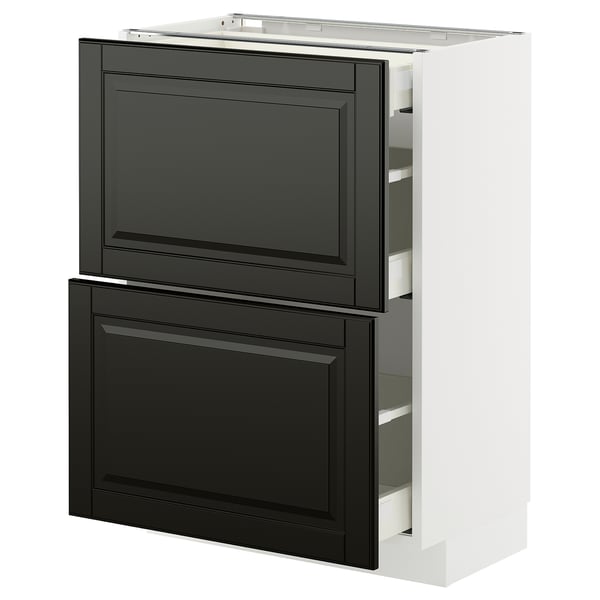 En modern köksskåpsmöbel med två svarta lådor och en vit ram i stilren design.