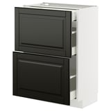 En modern köksskåpsmöbel med två svarta lådor och en vit ram i stilren design.