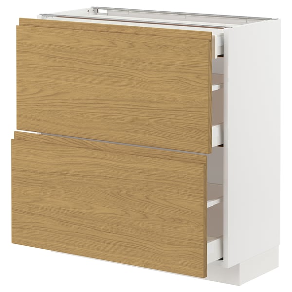 METOD / MAXIMERA Bänkskåp med 2 fronter/3 lådor - vit/Voxtorp ekmönstrad 80x37 cm