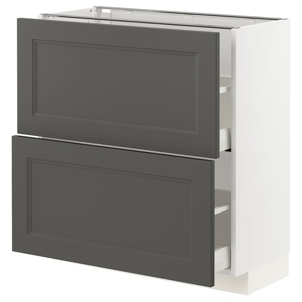 En vit IKEA METOD köksmöbel med mörkgrå lådor och skåpdörrar. Den har en rektangulär form med en slät yta.