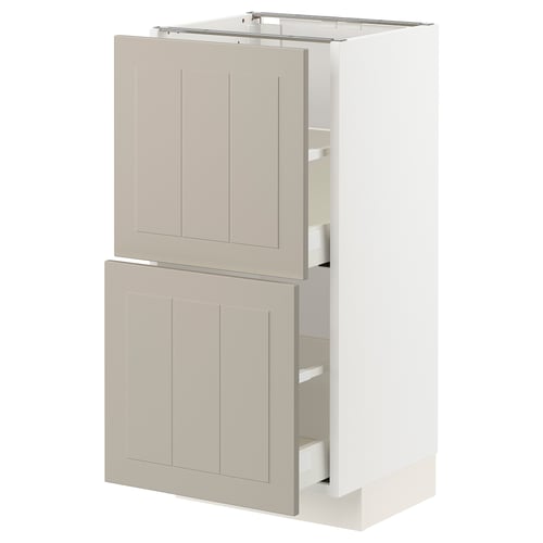 Ett METOD köksskåp i beige med en hantverksmässig design och ett träutseende. Den har två lådor och två dörrar med en slät, målad yta.