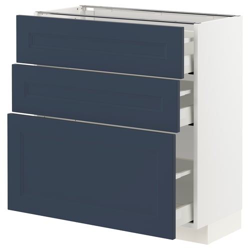 METOD köksmöbel med blå lådor, modern traditionell design, tre utdragbara lådor, robust vit ram.