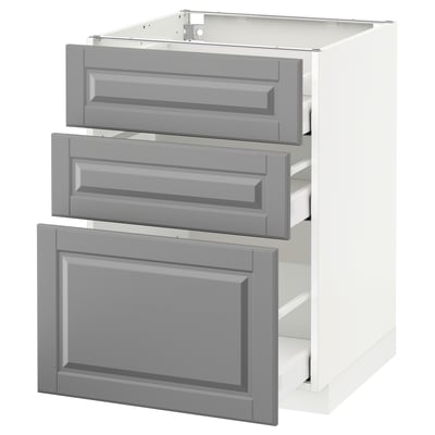 Modernt vitt skåp med 3 mjuka grå lådor, snygg design, självstängande.