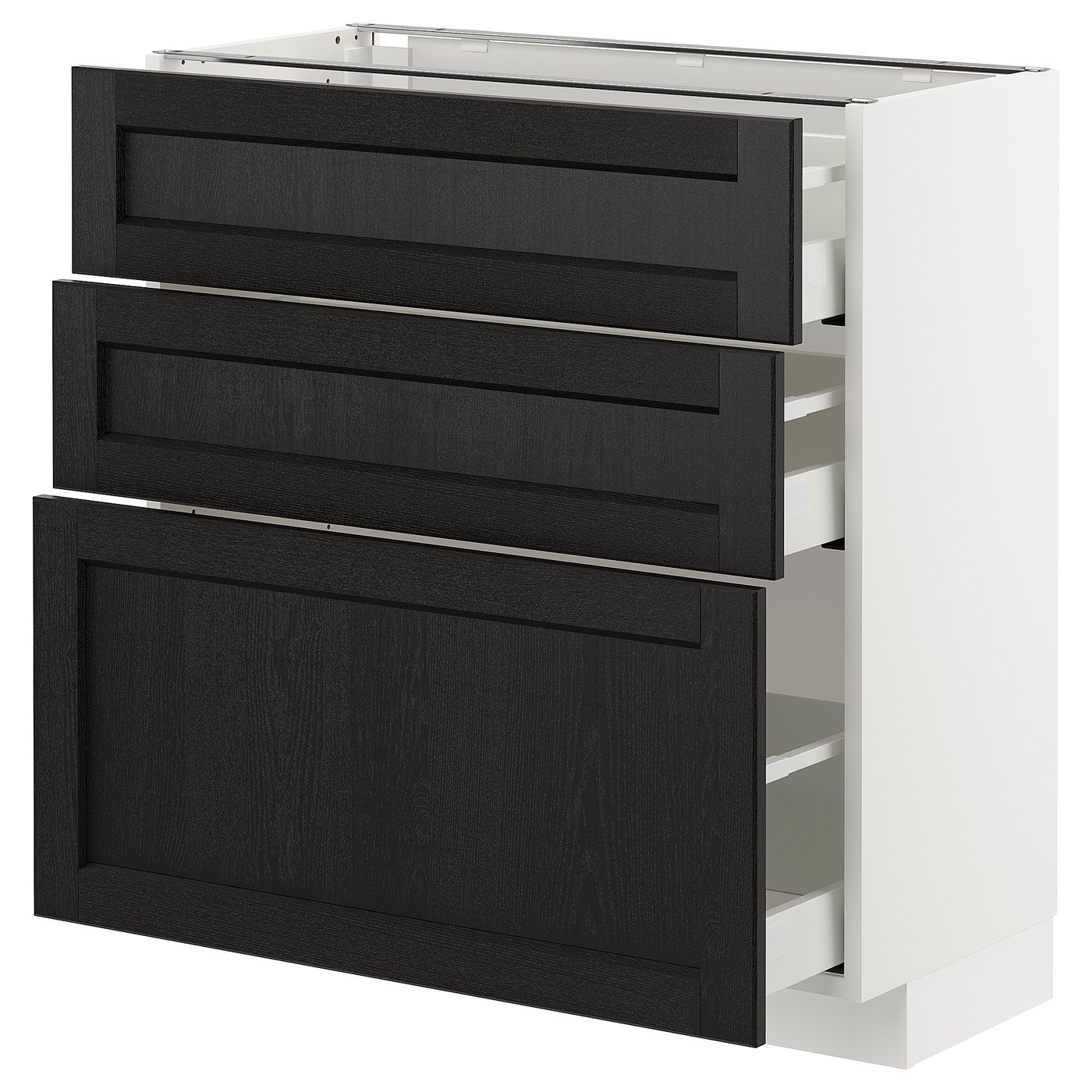 IKEA METOD / MAXIMERA bänkskåp med 3 lådor, vit/lerhyttan svartlaserad, 80x37 cm