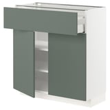 En METOD köksmöbel i grågrönt med låda och hyllor, modern design.