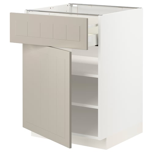 METOD köksskåp i beige med flyttbara hyllplan och en lättgående låda, med en rektangulär form och klassisk design.