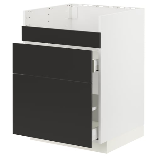 Modernt svartvitt köksskåp. Två lådor, snygg design.