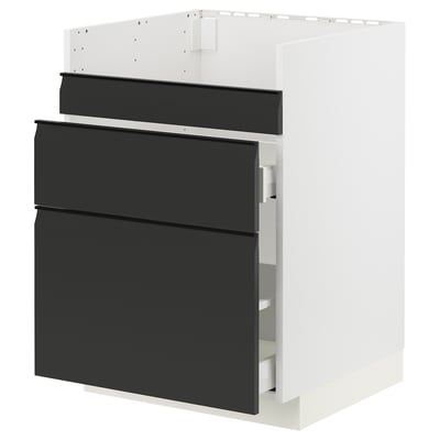 Modernt svart ikea köksskåp med tre lådor. Elegant matt finish, minimalistiska handtag. Vit inre ram. 3D-vy.