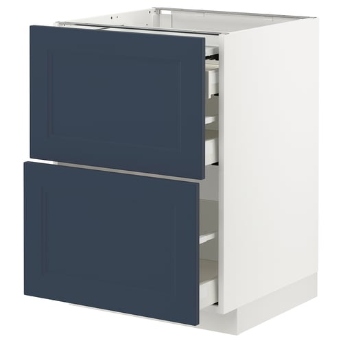 Ett blått och vitt METOD köksskåp med två utdragbara lådor. Skåpet är modernt, med en elegant design och robust ram.