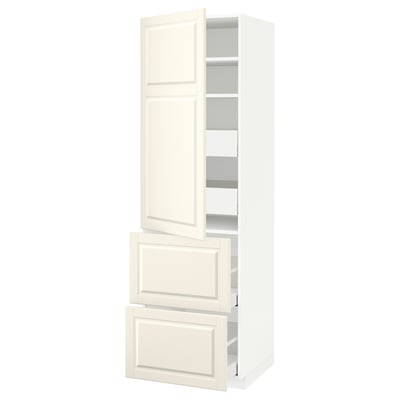 Bilden visar ett vitt METOD köksskåp med lådor och hyllor. Det är en traditionell benvit design med fasade kanter och en robust ram.