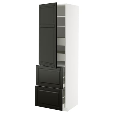 METOD köksbänk i svart och vitt. Hög, modern design med hyllor och lådor. Slitstark spånskiva och stålkonstruktion.