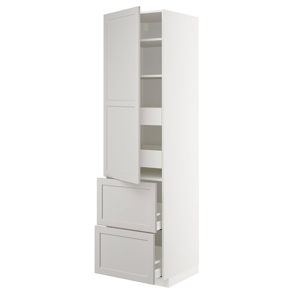 METOD / MAXIMERA Högsk m hllpln/4 lådor/dörr/2 frntr - vit/Lerhyttan ljusgrå 60x60x220 cm